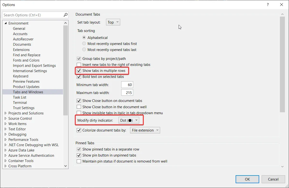 tabs and windows options document tab beállítások